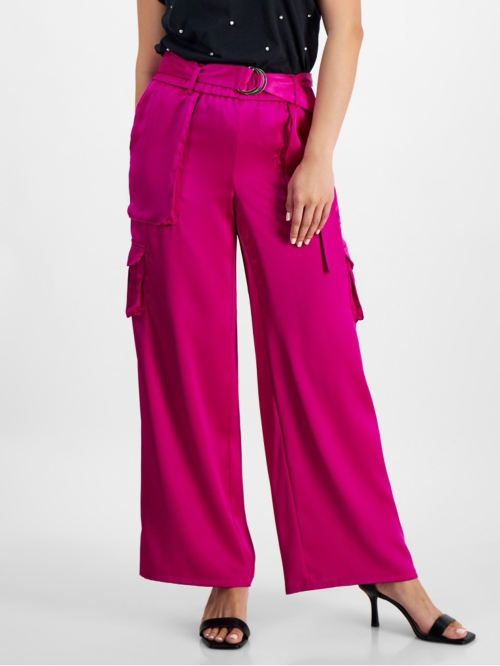 INC Magenta Wide Leg Satin Cargo Pants